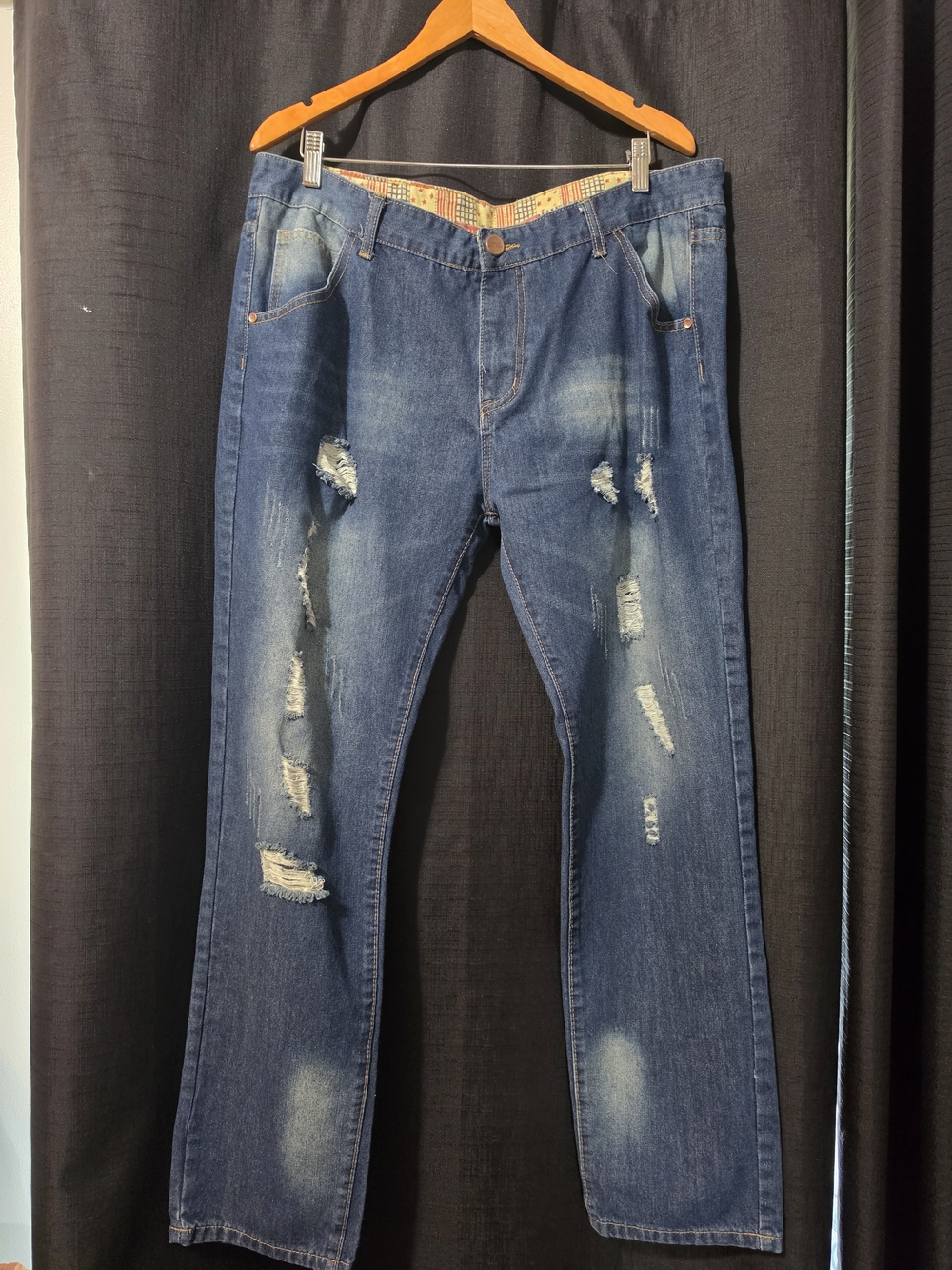 Men's VTG Fashion Jeans Straight Fit Distressed Dark Blue